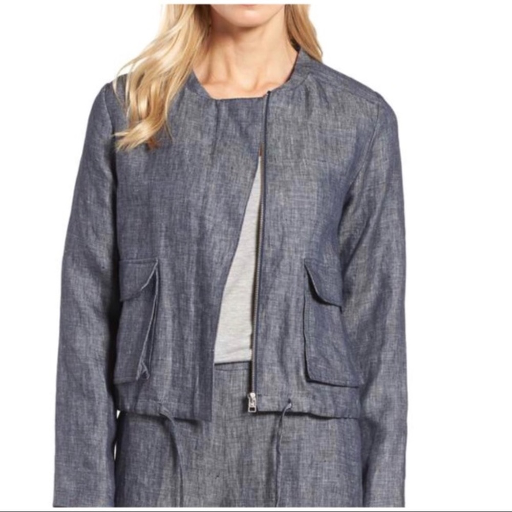 Nordstrom Halogen Linen Denim Navy Blue Jacket in Medium